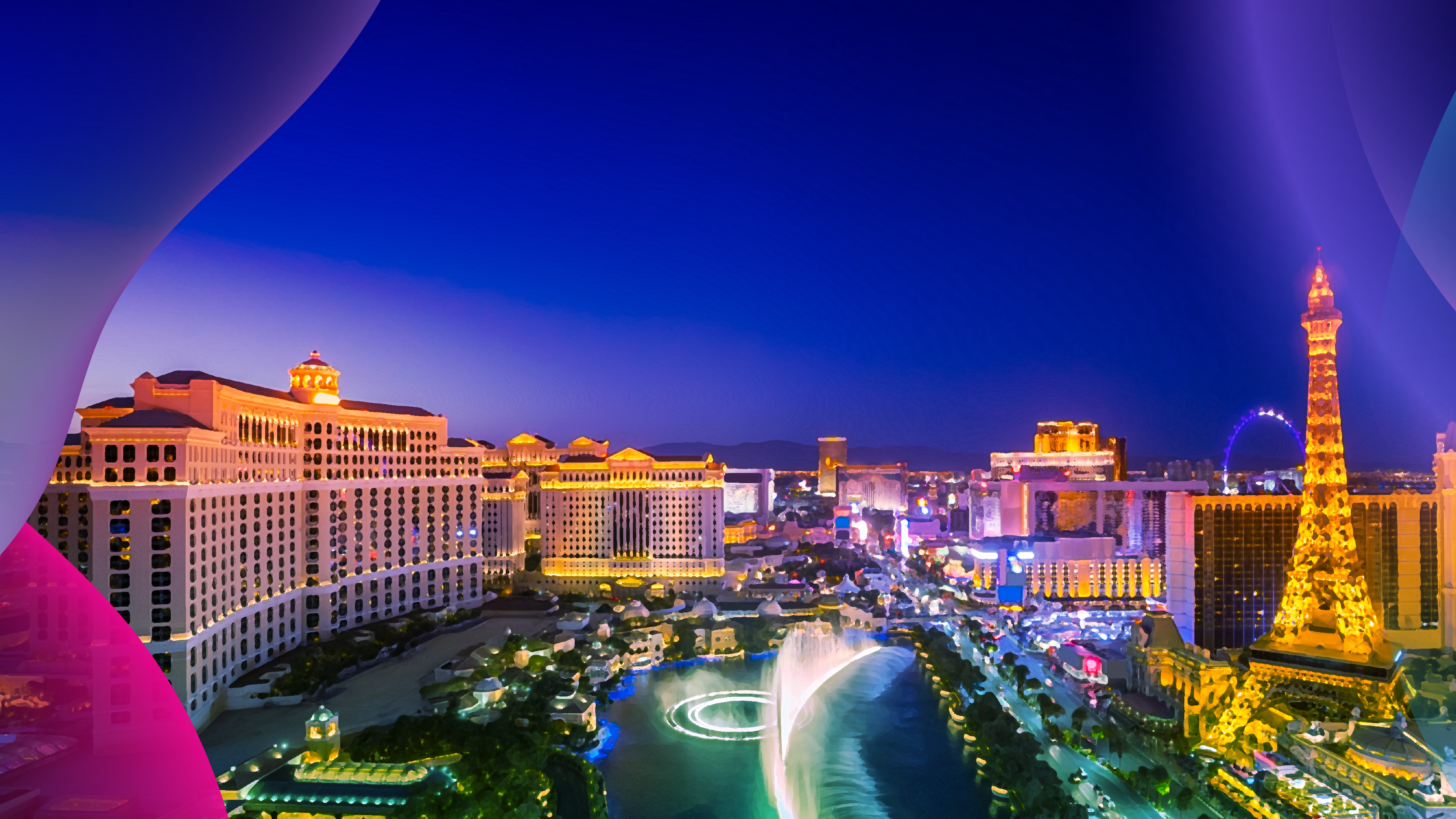 Night view of the Las Vegas Strip, featuring lit hotels, Bellagio fountains, and the Eiffel Tower replica.