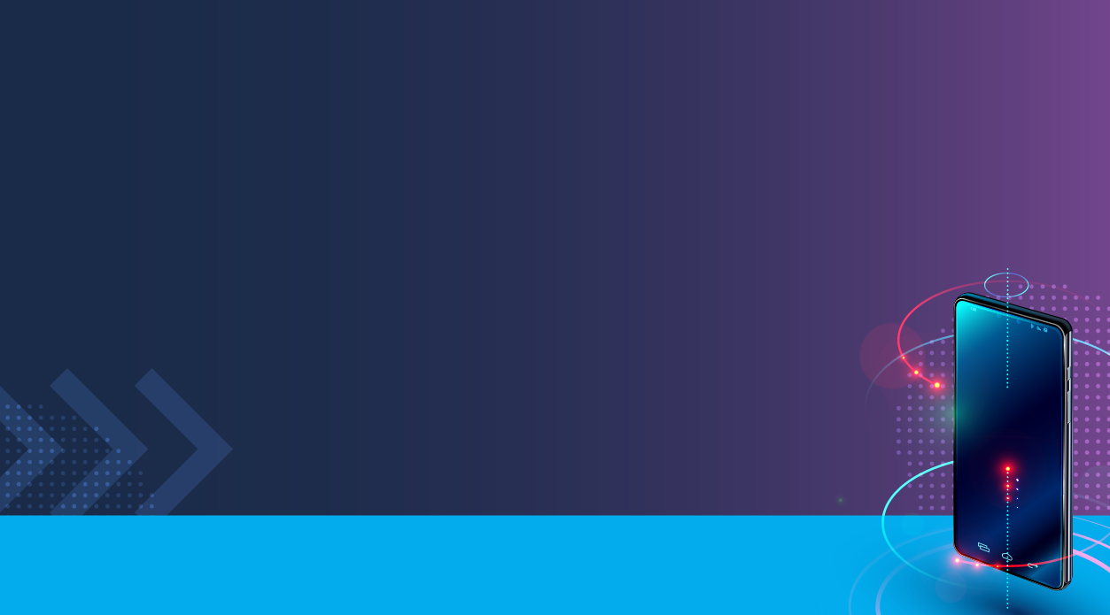 Abstract illustration of a smartphone standing upright on a bright blue strip against a dark blue-to-purple gradient background, with glowing lines, dots, and arrows suggesting mobile technology and digital connectivity.