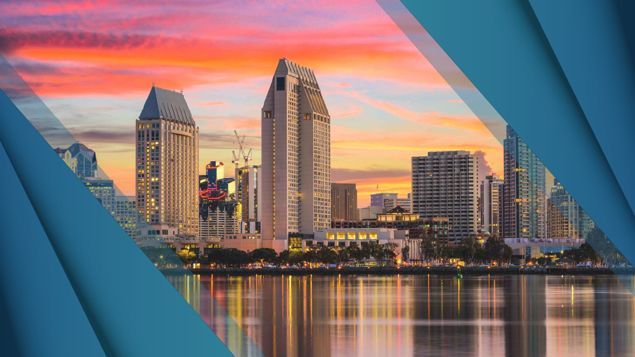 San Diego skyline at sunset framed by teal geometric overlays.