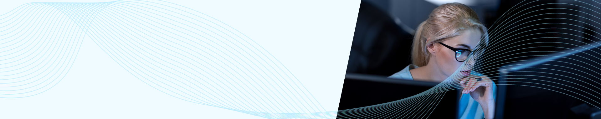 Focused woman wearing glasses working on a computer in a dark room, with abstract blue wave patterns integrated into the banner design.