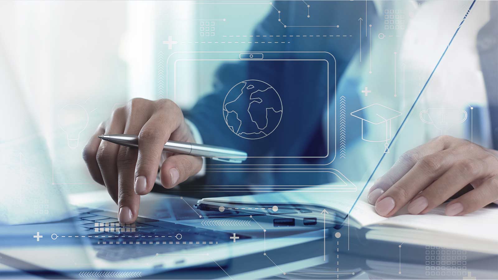 Hands actively typing on a laptop with a tech overlay, featuring "World Wide Web' symbols, emphasizing digital connectivity.