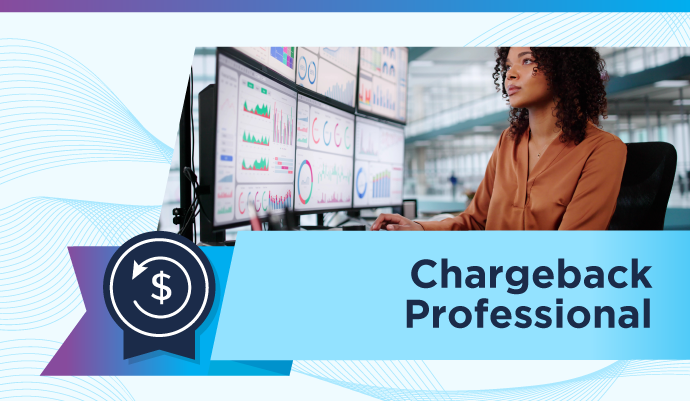 Professional woman analyzing financial dashboards on multiple monitors. Text on a blue banner reads ‘Chargeback Professional’ with an icon of a dollar sign inside a circular arrow.